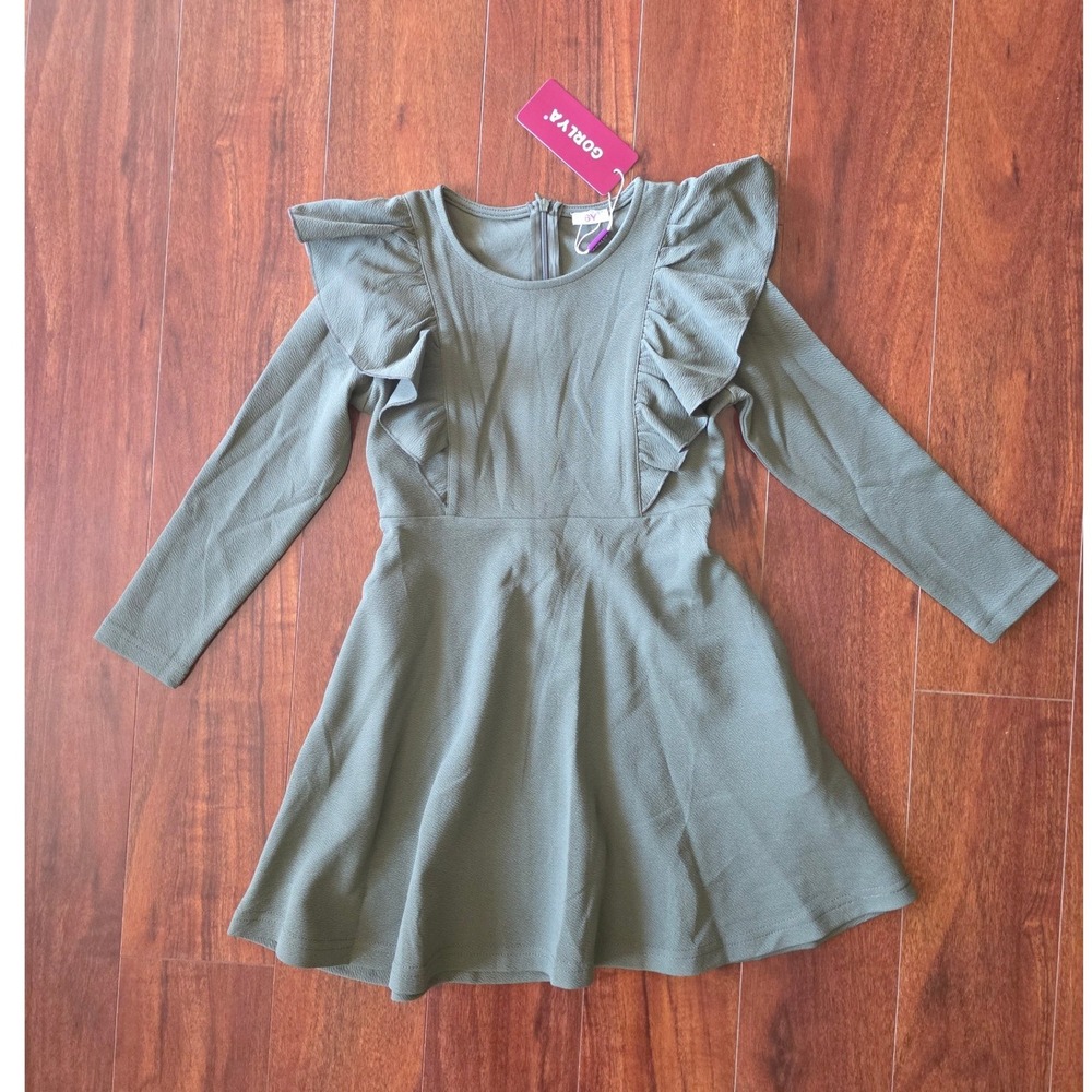 GORLYA Girls Olive Green Long Sleeve Ruffle Skater Dress with Pockets Size 6Y